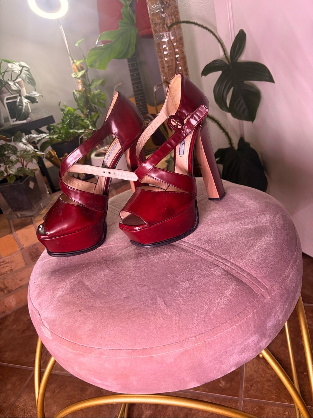 Prada Burgundy Patent Leather Crisscross Peep-Toe Heels - Picture 2 of 5